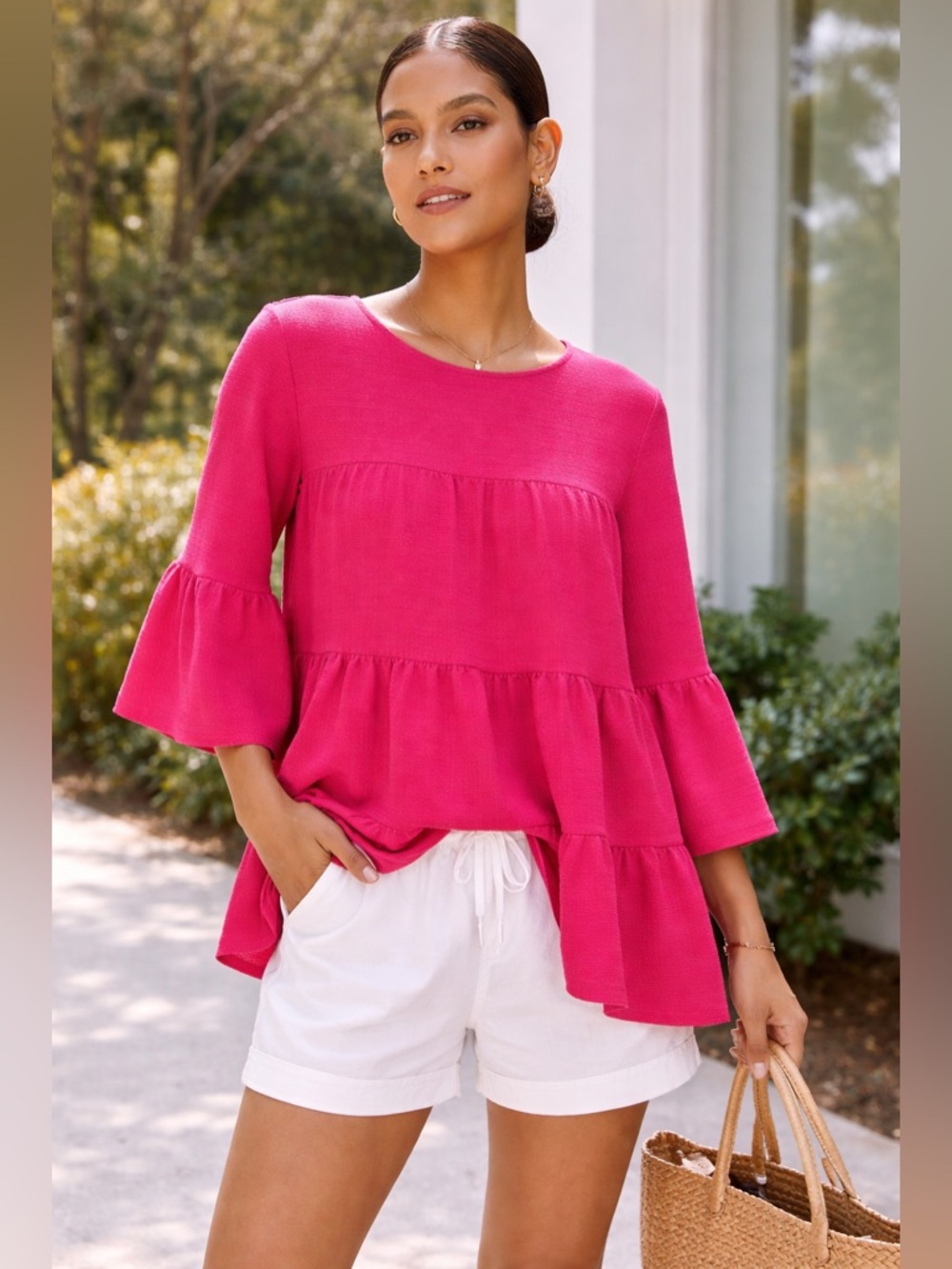 J. Crew Berry Pink Tiered Bell Sleeve Blouse | Textured Babydoll Top | Women’s - Picture 3 of 7